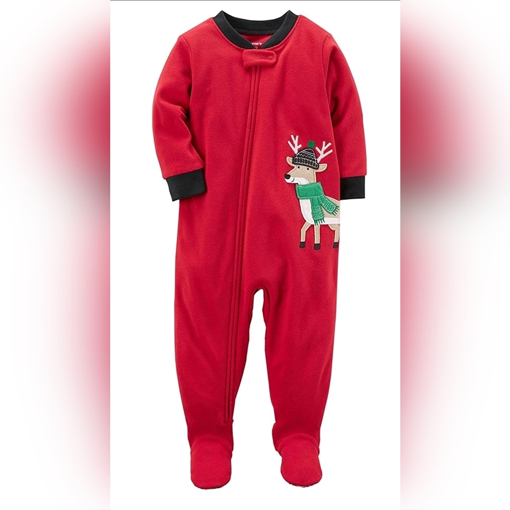 Carters Footed Fleece Pajamas Red Reindeer Kids One Piece 12 Mos NWT Christmas